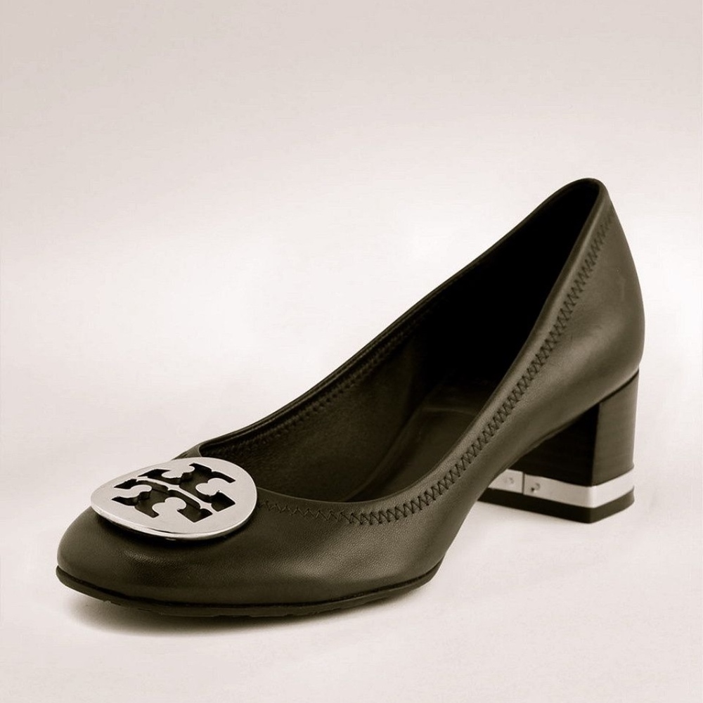 TORY BURCH Amy Black Leather Silver Pumps US 7